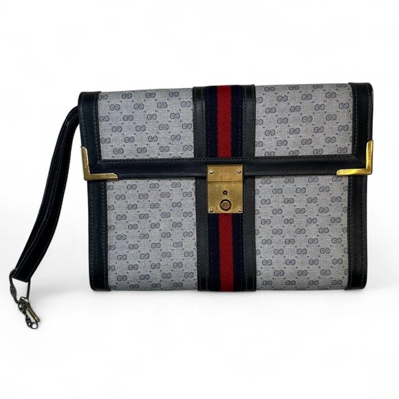 GUCCI Shelly Line Grey and Navy Blue Monogram Canvas Clutch w Stripes, Unisex - Picture 1 of 16